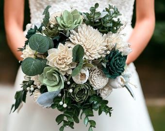 Emerald Green Sola Wood Flower Wedding Bouquet, Gold Accents, Bridal Bouquet with Succulents, Pearls, White Sola Flowers, Elegant Floral