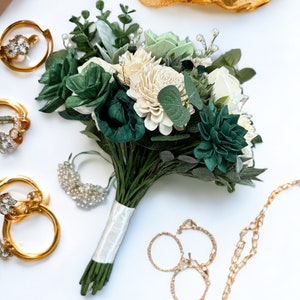 Emerald and Gold Wedding Bouquet Elegant Bouquet White and Gold Summer Wedding Green Faux Silk Flowers Sola Wood Flowers image 2