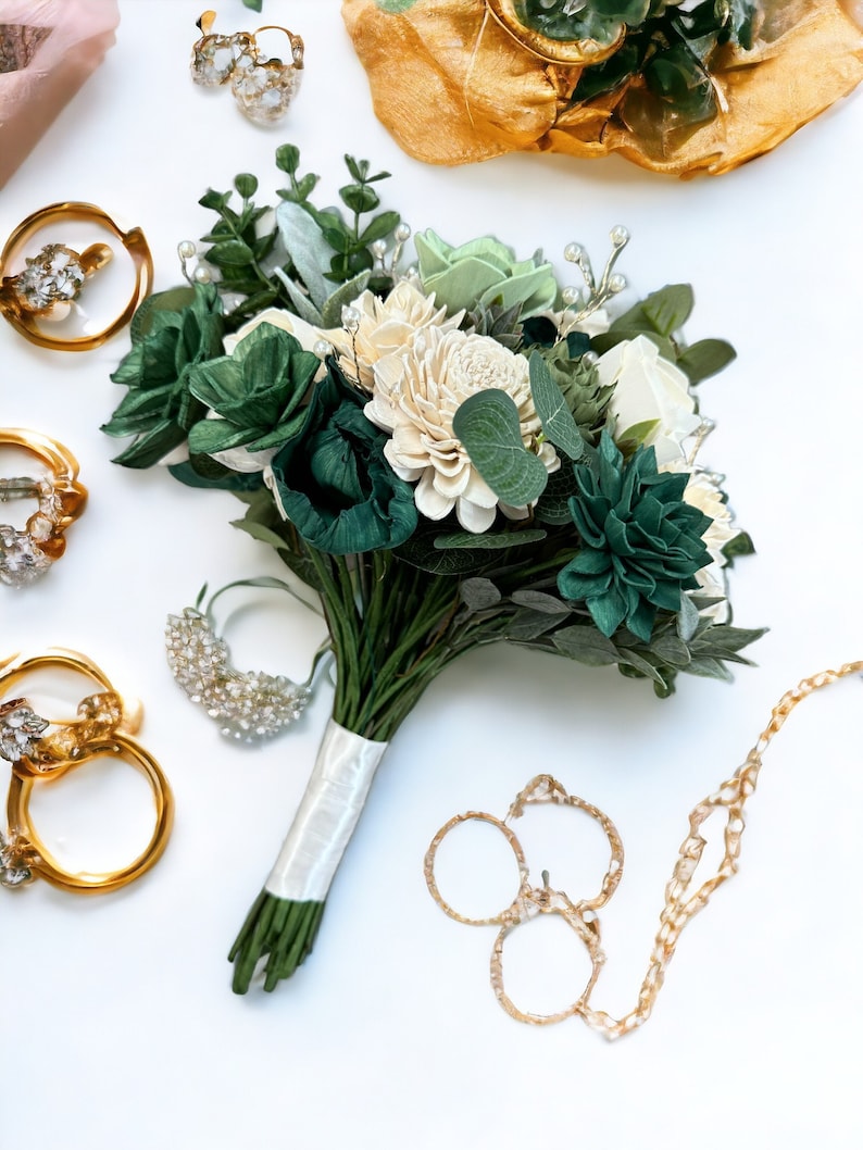 Emerald and Gold Wedding Bouquet Elegant Bouquet White and Gold Summer Wedding Green Faux Silk Flowers Sola Wood Flowers image 2