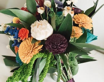 Wildflower Sola Wood Wedding Bouquet | April Showers Wildflower Wedding Bouquet | Teal, Navy, Pumpkin & Periwinkle Sola Wood Flowers