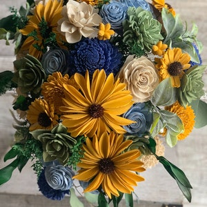 Sunflower Cascading Sola Flower Bouquet Cascade Wedding Bouquet Sola Flower Bridal Bouquet Faux Greenery Yellow, Marigold, Blue As Shown (Photo 3)