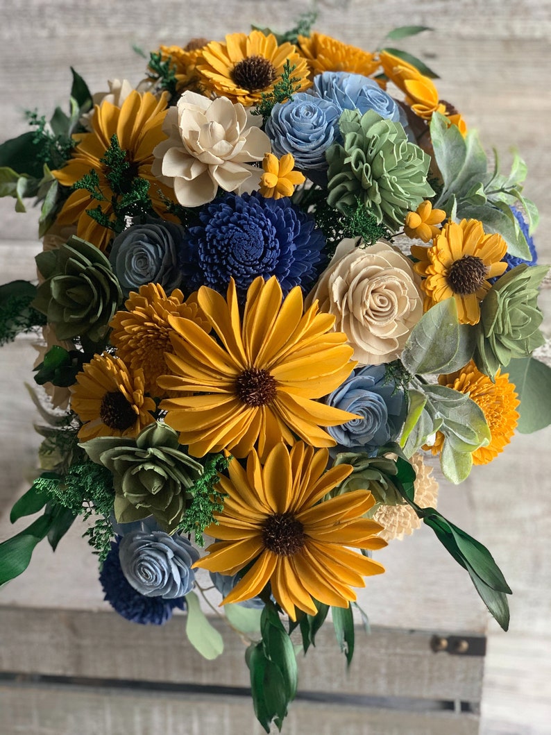 Sunflower Cascading Sola Flower Bouquet Cascade Wedding Bouquet Sola Flower Bridal Bouquet Faux Greenery Yellow, Marigold, Blue As Shown (Photo 3)