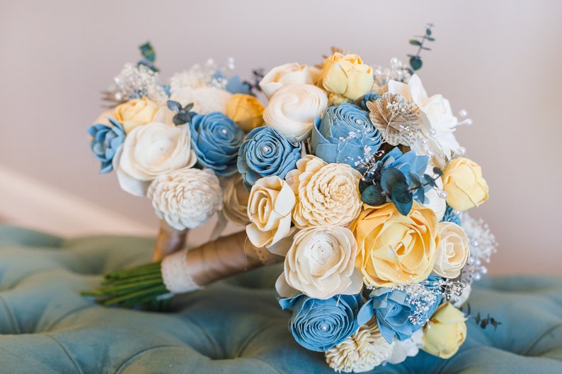 Vintage Bridal Bouquet Wooden Flowers Timeless Vintage Wedding Collection Blue and Yellow Made to Order image 6