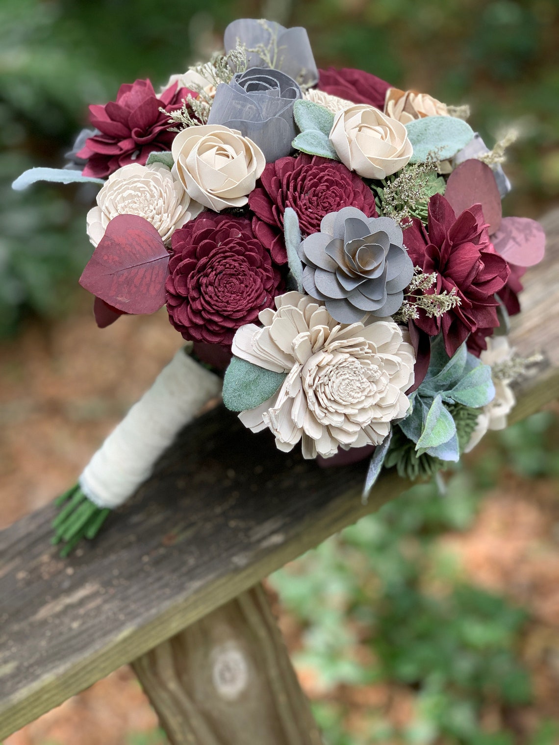 Wine Steel Grey Ivory with Lambs Ear Bouquet Wedding image 3