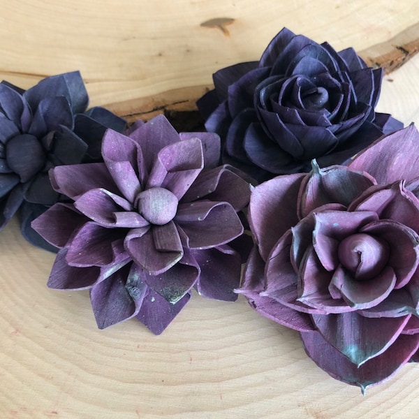 12 Purple and Blue Delicate Wood Succulents - Assorted Sola Flowers - Loose Flowers - Wooden Flowers - Wedding Bouquet Flowers