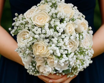 White Sola Wood Flower Bouquet: Babies Breath & Faux Roses | Natural Wood Baby’s Breath Wedding Bouquet | Classic Garden Sola Wood Flowers