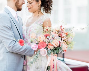 Coral Sola Wood Flower Wedding Bouquet: Lasting Bridal Flowers | Sprouting Love Bella-Style Bouquet | Asymmetrical Wood Flower Arrangement