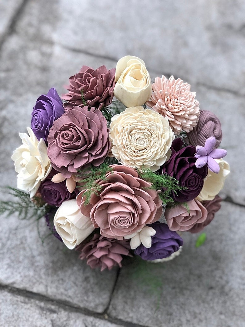 Purple and Mauve AS IS Wood Sola Flowers Wedding Bouquet Ready to Ship Sola Wood Elopement