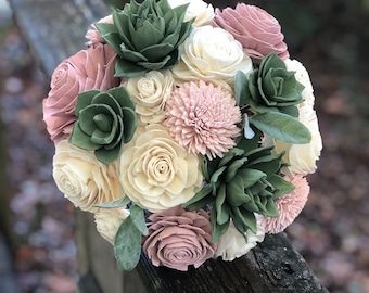 Soft Succulent Bouquet - Blush Ivory Pink Sola Wood Flowers - Green -  Wood Flowers - Made to Order - Forever Flowers  - Wedding Flowers