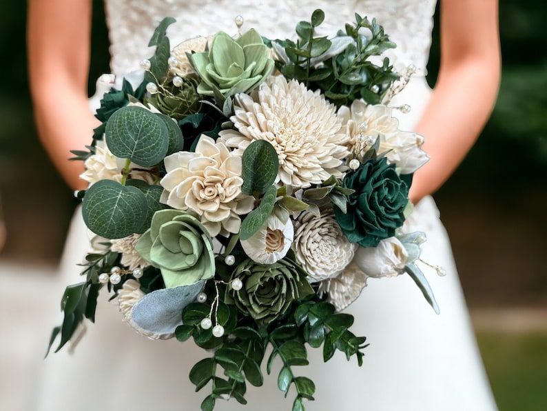 Emerald and Gold Wedding Bouquet Elegant Bouquet White and Gold Summer Wedding Green Faux Silk Flowers Sola Wood Flowers image 1