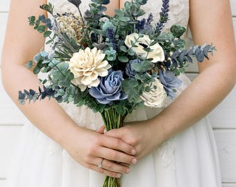 Dusty Blue Anemone Sola Wood Flower Bouquet | Lasting Wedding Bouquet | Dusty Blue Gathered Wedding Bouquet | Anemone Sola Wood Flowers