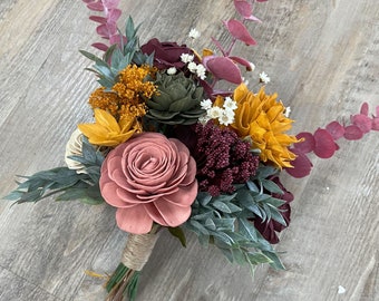 READY TO SHIP - Pink and Golden Yellow Wood Flower Bouquet - As Is - Bridal Bouquet - Boho Chic Garden Wedding Flowers - Bride Bouquet