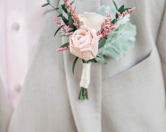 Blushing Rose Boutonniere - Wooden Flowers - Lush - Pink and Blush - Made to Order