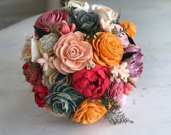 Golden, Lilac and Corals Bouquet - Sola Flower Bouquet - Wedding Bouquet - Wooden Flower Bouquet - Spring Wedding - Sola Flowers