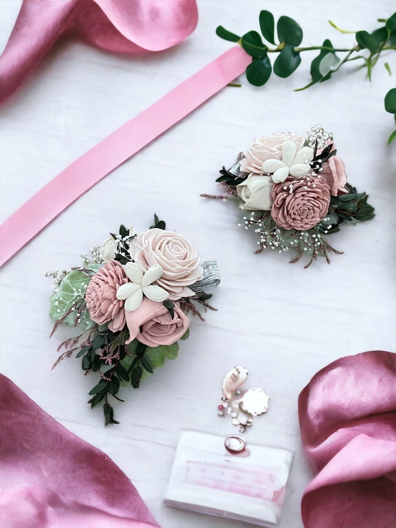 Blushing Rose Wood Flower Corsage Wooden Flowers Wedding Collection Sola Flower Made to Order Match your bouquet image 1