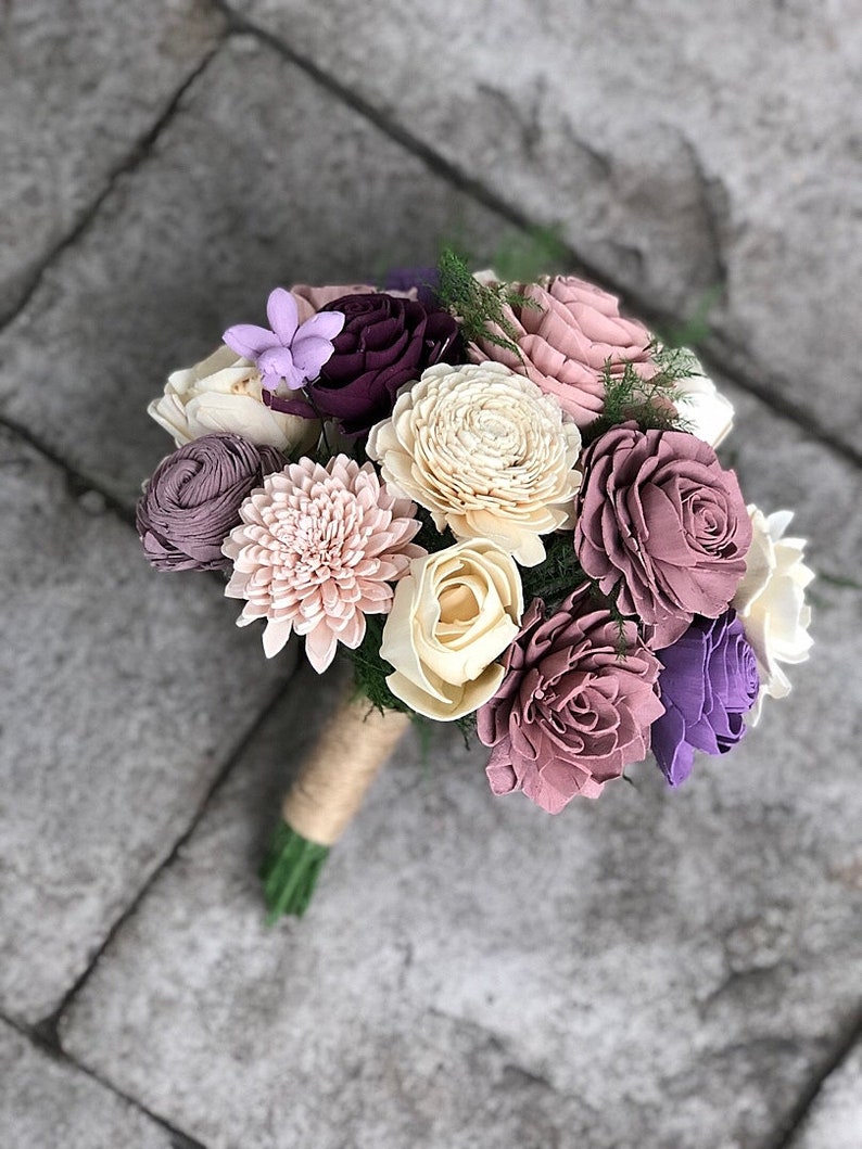 Purple and Mauve AS IS Wood Sola Flowers Wedding Bouquet Ready to Ship Sola Wood Elopement