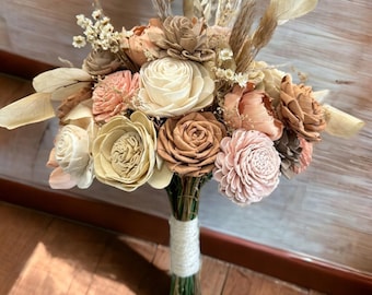 Neutral Boho Wedding Bouquet: Sola Wood Flowers & Pampas Grass | Boho Champagne and Blush Wedding Bouquet | Neutral Sola Wood Flowers