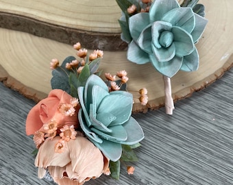 Peach Coral and Seafoam Boutonniere and Corsage Set - Sola Wood Flowers - Homecoming - Prom - Wedding - Set of 2 His and Her