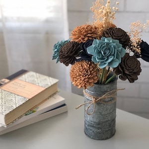 Farmhouse Sola Flower Arrangement: Blue Brown Rustic Decor