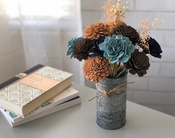 Farmhouse Sola Flower Arrangement: Blue Brown Rustic Decor