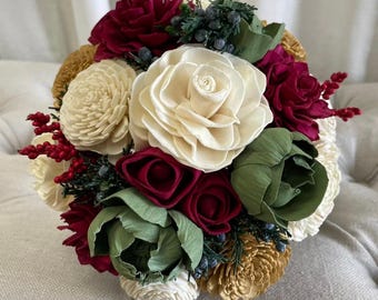 Handmade Sola Flower Bouquet: Burgundy, Gold & Meadow Wedding Decor | Christmas Wedding Bouquet | Gold, Burgundy and Green Sola Wood Flowers