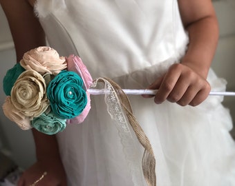 Mermaid Lagoon Flower Girl Wand - Wood Flowers - Sola Flowers - Teal, Mint, Pink - Wedding Flowers - Pine and Petal - Sola Wood