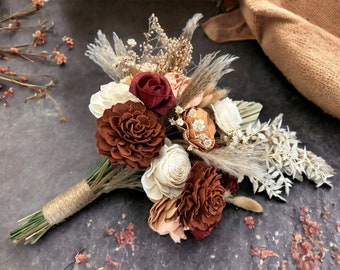 Cinnamon, Sienna and Burnt Orange Boho Wedding Bouquet - Pampas Grass Bouquet - Neutral Tones Wedding Bouquet - Sola Wood Flowers