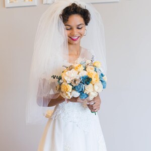 Vintage Bridal Bouquet Wooden Flowers Timeless Vintage Wedding Collection Blue and Yellow Made to Order Large: 12"