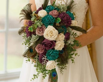 Luxe Boho Jewel Tone Peacock Feather Bouquet Collection | Sola Wood Flower Cascading Bouquet | Bridal Bouquet