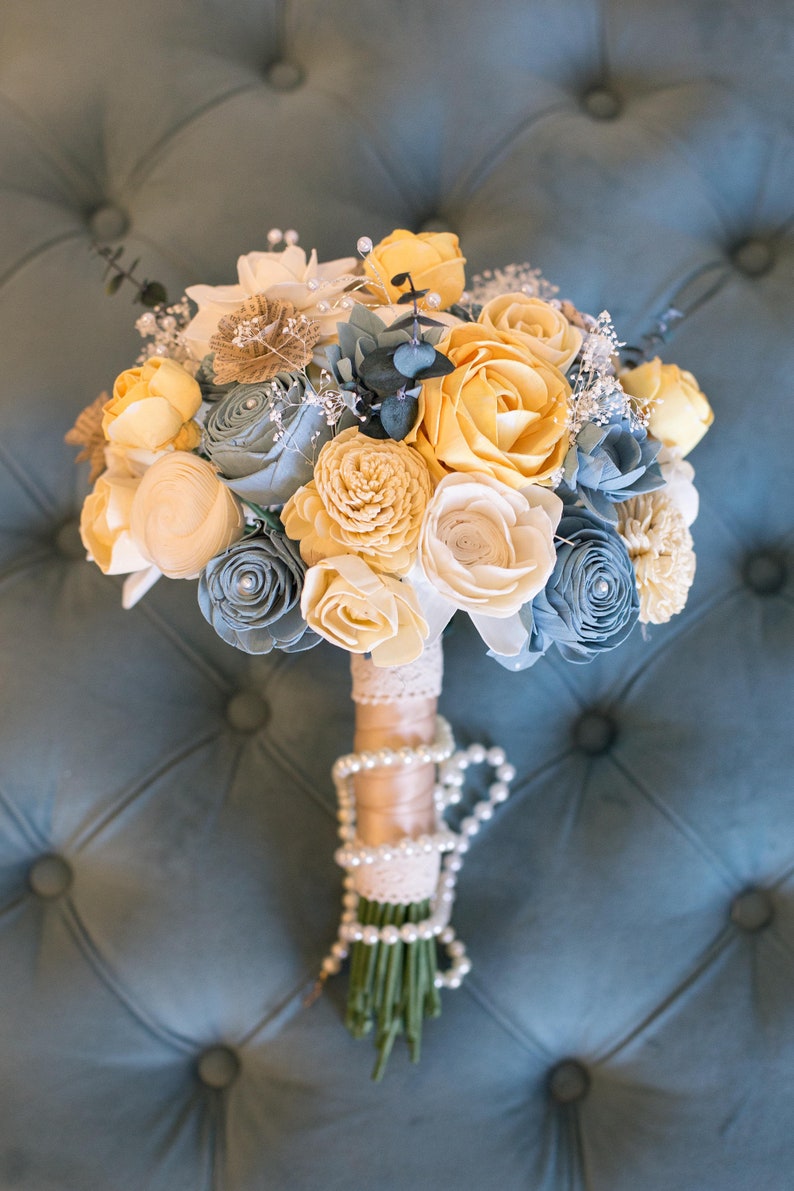 Vintage Bridal Bouquet Wooden Flowers Timeless Vintage Wedding Collection Blue and Yellow Made to Order image 2