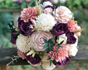 Plum & Wheat Sola Flower Bouquet: Fairytale Wedding Decor | Wheat and Plum Countryside Wedding Bouquet | Whimsical Sola Wood Flowers