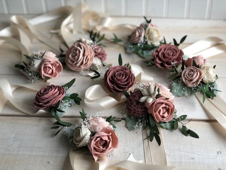 Blushing Rose Wood Flower Corsage Wooden Flowers Wedding Collection Sola Flower Made to Order Match your bouquet image 3