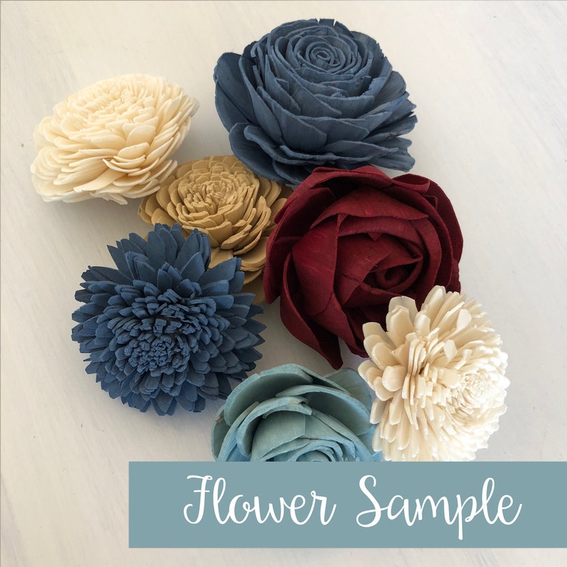 SAMPLE TINY Heartland Loose Flowers 6 Wood Flowers Sola Flowers Burgundy and Blue Wedding Flowers Pine and Petal Sola Wood image 1