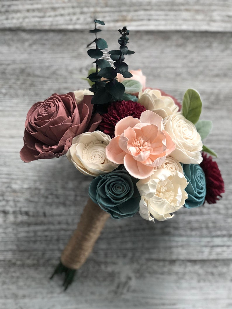 Sweet Winter Wonderland Wood Flower Bouquet Sola Flower Bouquet Forever Flowers Burgundy, Pink, Tranquil Blue Eco Friendly Blush image 1