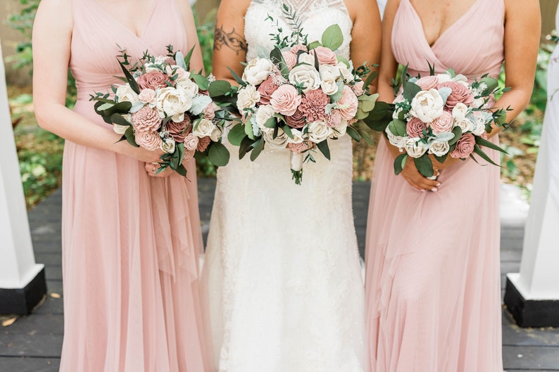 Dusty Rose and Blush Pink Sola Wood Flower Bouquet Sola Flowers Wedding Bouquet Faux Flower Bouquet Silk Flower Alternative image 1