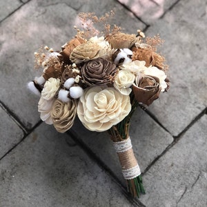 Rustic Cotton Wedding Bouquet - Wooden Flowers - Sola Flower Bouquet with Cotton - Wood Flower Bouquet - Neutral Wedding - Faux Flowers