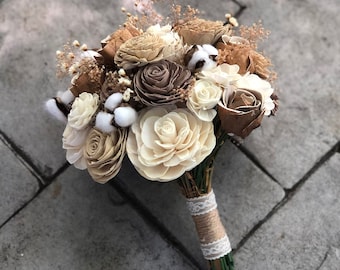 Rustic Cotton Wedding Bouquet - Wooden Flowers - Sola Flower Bouquet with Cotton - Wood Flower Bouquet - Neutral Wedding - Faux Flowers