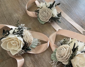 Neutral Off White and Ivory Sola Wood Flower Corsage - Wooden Flowers - Wedding Collection - Sola Flower -  Made to Order - Match
