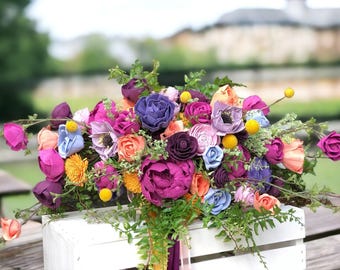 Bright and Bold Wildflower Wedding Bouquet: Coral, Purple Sola Wood Flowers | Asymmetrical Wood Flower Design in Vibrant Colors
