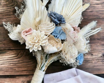 Dusty Blue Boho Wedding Bouquet: Sola Wood Flowers & Pampas Grass | Sola Wood Flower Wedding Bouquet | Dusty Blue, Blush Sola Wood Flowers