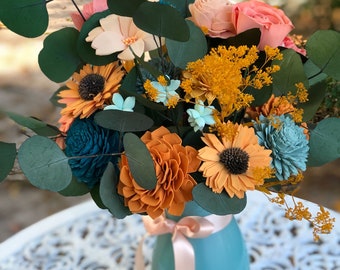 Blooms Gone Wild Arrangement - Farmhouse -  Made to Order - Spring Flowers - Coral, Mint and Marigold - Black Eyed Susans - Sunflowers