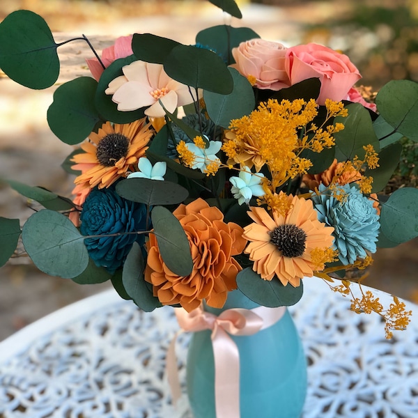 Blooms Gone Wild Arrangement - Farmhouse -  Made to Order - Spring Flowers - Coral, Mint and Marigold - Black Eyed Susans - Sunflowers