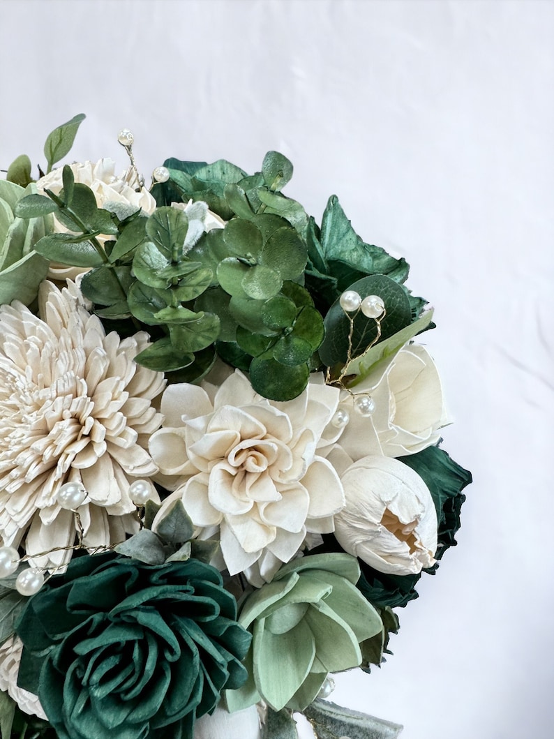 Emerald and Gold Wedding Bouquet Elegant Bouquet White and Gold Summer Wedding Green Faux Silk Flowers Sola Wood Flowers image 5