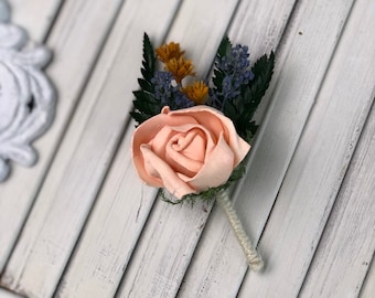 Peaches and Dream Boutonniere - Allure Collection - Boutonnière - Groom's Flower - Wood Sola Flower - Wedding Flowers  - Buttonhole - Wooden