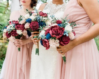 Garden Picked Blueberry Bouquet - Blush Ivory Burgundy, Navy Sola Wood Flowers - Green -  Wood Flowers - Wedding Flowers - Wildflower