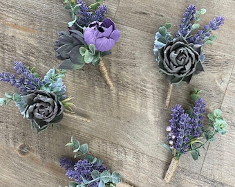 Purple Peonies and Succulent Boutonniere - Wooden Flowers - Purple Lavender - Lilac - Garden Succulents - Made to Order