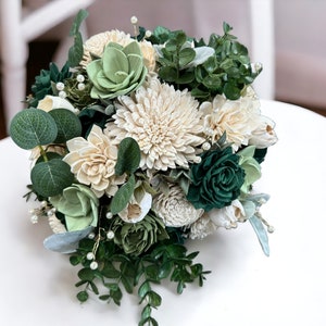 Emerald and Gold Wedding Bouquet Elegant Bouquet White and Gold Summer Wedding Green Faux Silk Flowers Sola Wood Flowers image 4