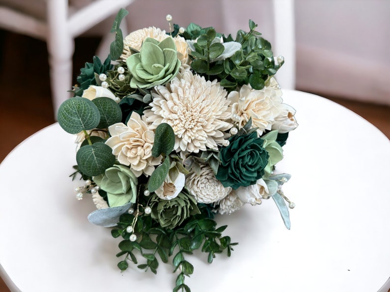 Emerald and Gold Wedding Bouquet Elegant Bouquet White and Gold Summer Wedding Green Faux Silk Flowers Sola Wood Flowers image 4