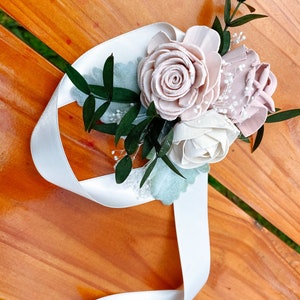 Blushing Rose Wood Flower Corsage Wooden Flowers Wedding Collection Sola Flower Made to Order Match your bouquet image 5