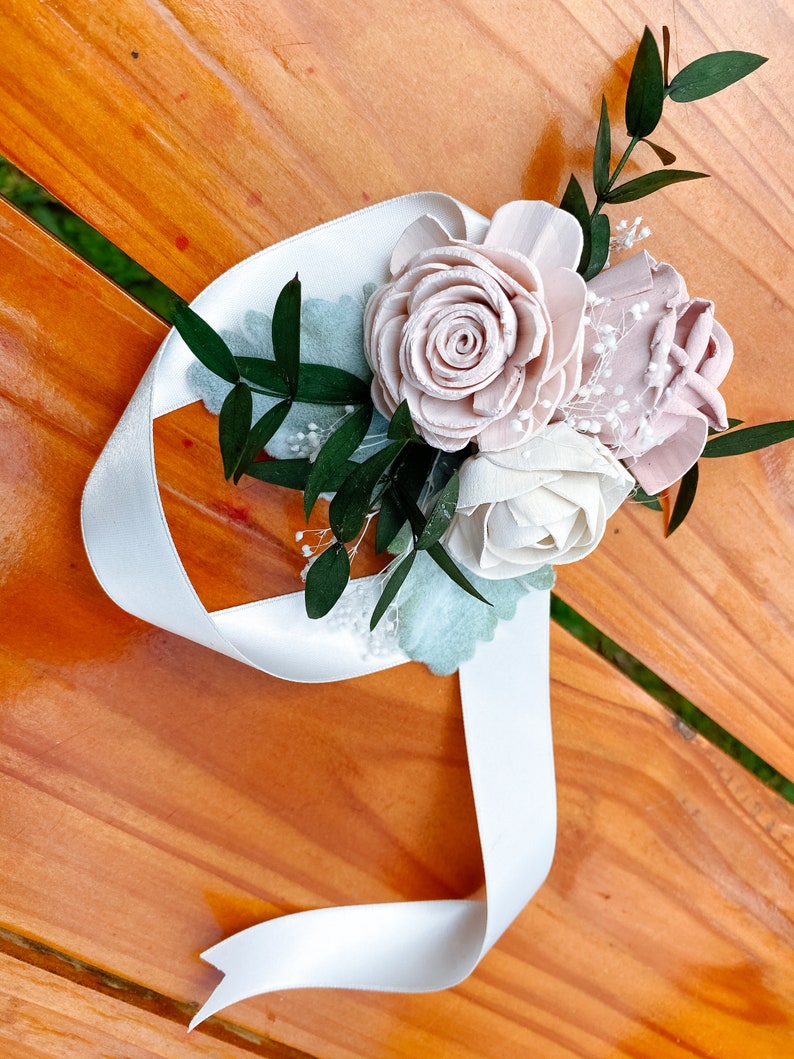 Blushing Rose Wood Flower Corsage Wooden Flowers Wedding Collection Sola Flower Made to Order Match your bouquet image 5